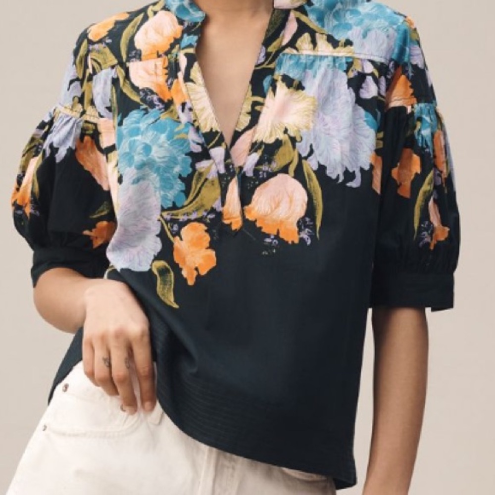 Anthropologie Dark Navy Floral Split-Neck Puff-Sleeve Blouse
